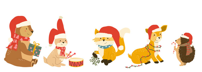 Cute christmas animals in santa hat. Forest baby animals with candy cane, drum, gift and mistletoes, garlands. Rabbit, fox, deer and beer, hedgehog with christmas festive elements.