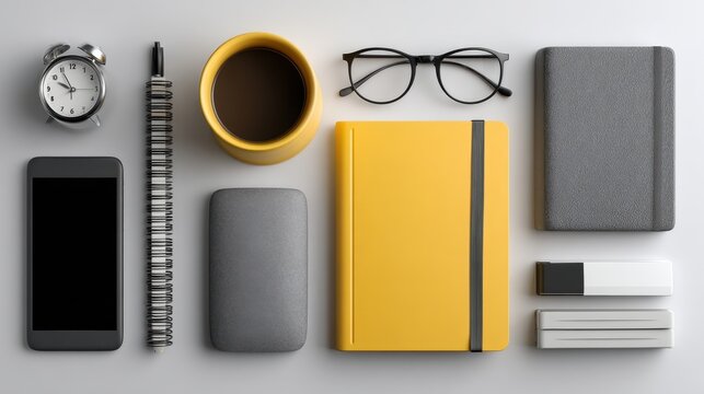Flatlay of student accessories including yellow journal, smartphone and alarm clock on a white surface
