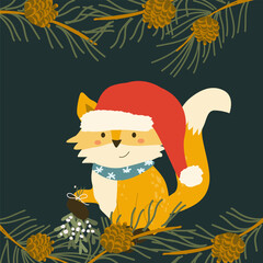 Cute christmas fox with mistletoe and pine branches frame border. Cartoon xmas card with cute baby animal in santa hat. Hand drawn vector illustration on dark background. Festive cartoon kids christma
