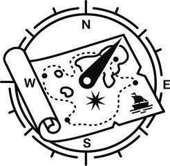 Compass and map vector silhouette for navigation and exploration.