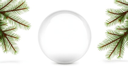 A clear glass snow globe with evergreen branches framing the edges, isolated on white.