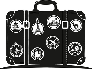 Suitcase silhouette with travel stickers, ready for journey