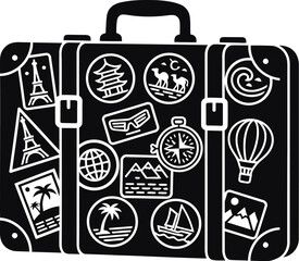 Suitcase silhouette with travel stickers, ready for journey