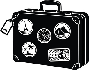 Suitcase silhouette with travel stickers, ready for journey