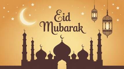 Islamic eid mubarak celebration with mosque crescent moon and lanterns