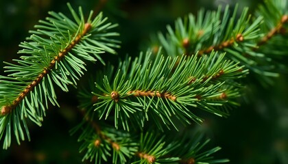 Close-up of vibrant green spruce tree branches with needles, showcasing texture and detail under natural sunlight.