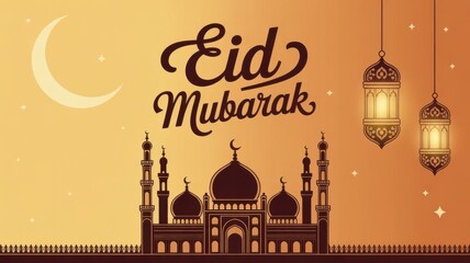 Islamic eid mubarak celebration with mosque crescent moon and lanterns
