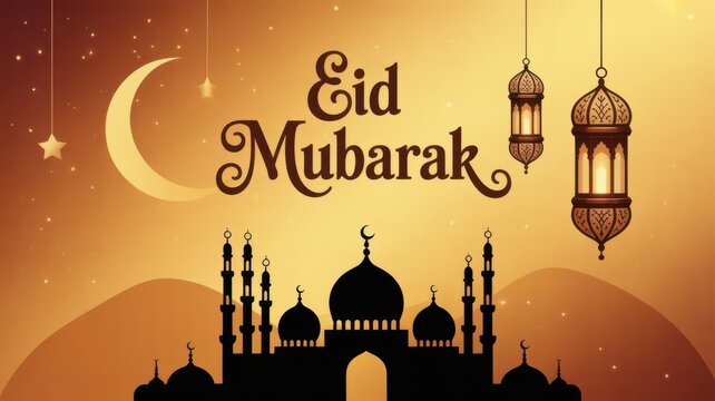 Islamic eid mubarak celebration with mosque crescent moon and lanterns