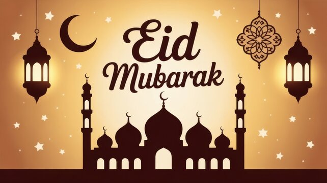 Islamic eid mubarak celebration with mosque crescent moon and lanterns