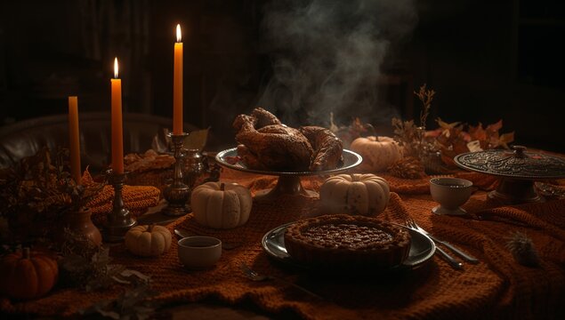 Cozy Autumn Thanksgiving Table with Warm Candlelight and Seasonal Food	