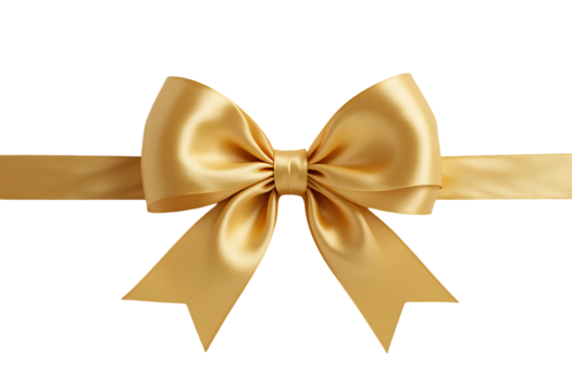 Golden satin bow and ribbon, ideal for festive gift decoration, Isolated on transparent background, png