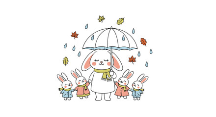 Fototapeta premium A cute fluffy bunny wearing a yellow scarf under a white umbrella with falling leaves and raindrops.