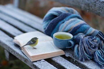 Small yellow and green bird balances on an open book next to a warm beverage and scarf on a frosty outdoor bench