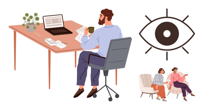 Man drinking coffee while reading at a desk with a laptop, two women seated and conversing, and an abstract eye, symbolizing focus, teamwork, monitoring, creativity, learning, analysis mindfulness