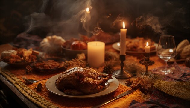 Cozy Autumn Thanksgiving Table with Warm Candlelight and Seasonal Food	