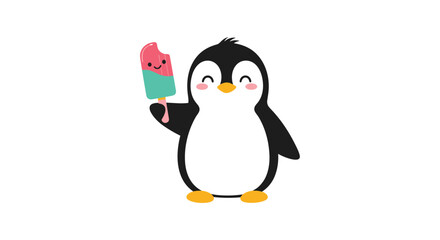 Fototapeta premium A cute cartoon penguin enjoying a colorful popsicle on a warm day.