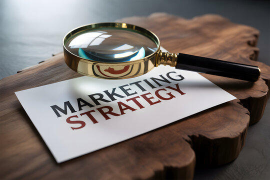 A magnifying glass rests on a card reading "Marketing Strategy," placed on textured wood, creating a corporate - Powered by Adobe
