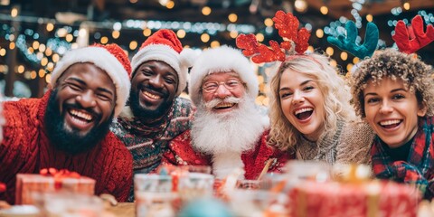 Group of people are posing for a picture with Santa Claus