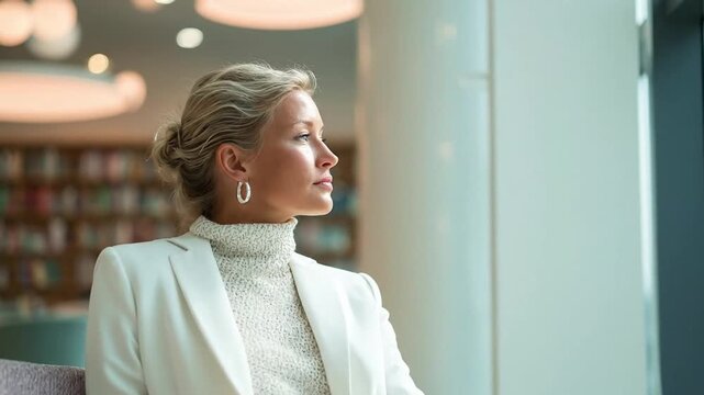A focused adult woman with blonde hair, dressed in a stylish white turtleneck and blazer, stands thoughtfully looking out a large window in a modern, brightly lit interior space. Her pensive expressio