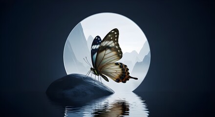 A whimsical scene featuring a cat in a glowing world, surrounded by water and a full moon, emphasizing magical and serene vibes