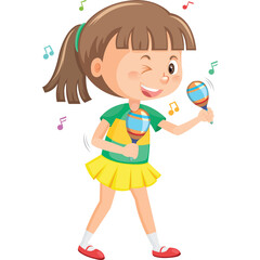 Joyful young girl with brown hair in a ponytail wearing a green t-shirt and yellow skirt dancing and playing maracas with musical notes surrounding her on a transparent background
