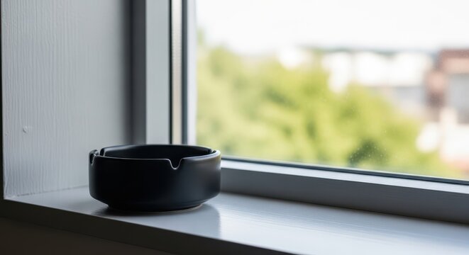 Black ashtray resting on window ledge with blurred outdoor view  