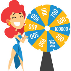 Joyful Woman With Red Hair In A Blue Dress Spinning A Colorful Prize Wheel With Numbers And Yellow Segments Featuring A Winning Chance Concept