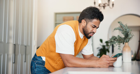 Confused, reading and man with phone in home with notification, networking or social media. Doubt, error and male person with cellphone for spam text or subscription cancellation on app in house.