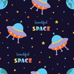 cartoon spaceship seamless pattern