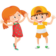 Joyful young boy and girl playing together with happy expressions and energetic poses wearing casual colorful outfits in a playful studio setting