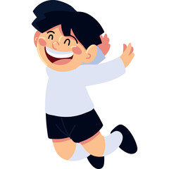 Joyful Young Boy with Dark Hair and White Hoodie Jumping in Mid-Air with a Big Smile and Transparent Background