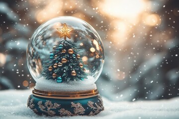 Decorative glass globe encapsulates a miniature evergreen tree adorned with ornaments under falling snow