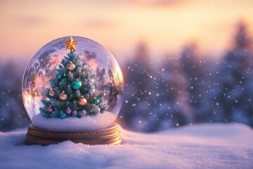 Decorative glass globe containing an ornamented evergreen sits upon fresh snow during twilight