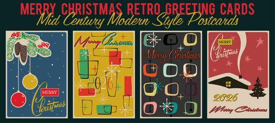 Mid Century Modern Christmas Greeting Cards, Atomic Age 1950s - 1960s Postcards, Merry Christmas Illustrations, Vintage Colors