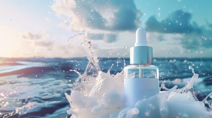 A clear dropper bottle stands in ocean water, surrounded by splashes. The scene conveys freshness and skincare concepts, with a bright sky and soft clouds.
