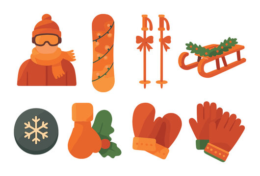 Winter sports icons with snowboard ski poles sled and gloves