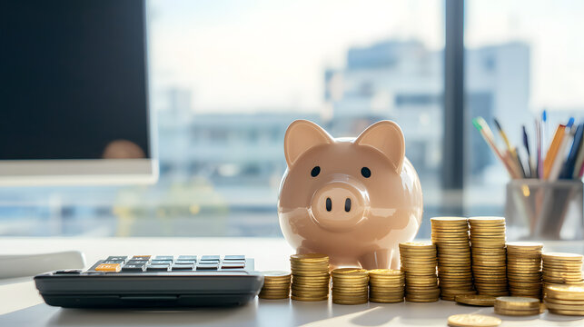 A piggy bank next to a calculator and coins sits on an office desk in a business center