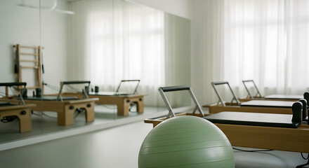 Interior view of a bright pilates studio with reformers, exercise ball, ladder barrel, and large mirror.