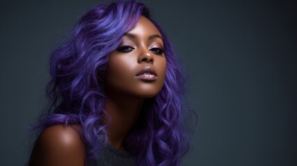 Fototapeta premium Woman with purple hair is standing in front of a gray background