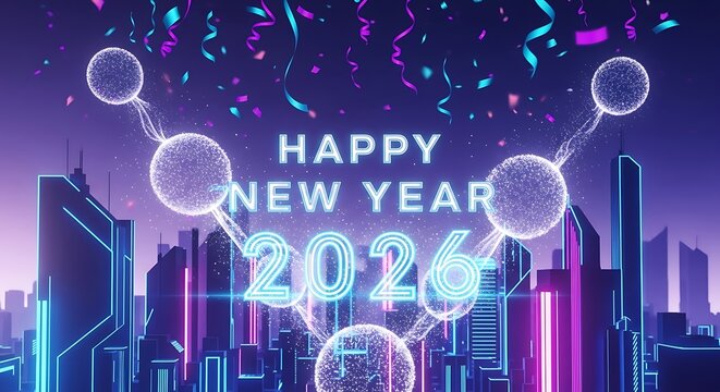 Futuristic happy new year 2024 celebration with glowing neon city skyline and holographic balloons