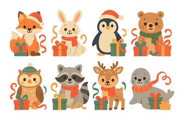 Obraz premium Festive animals with gifts: fox, rabbit, penguin, bear, owl, raccoon, deer, seal in santa hats