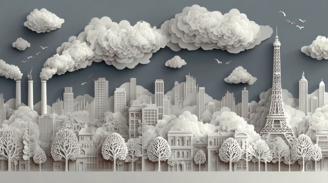 White paper cityscape with hills and airplane, realistic paper cut modern art, featuring pollution
