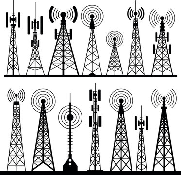 Wireless Signal and Telecommunication Tower Vector Silhouette Set