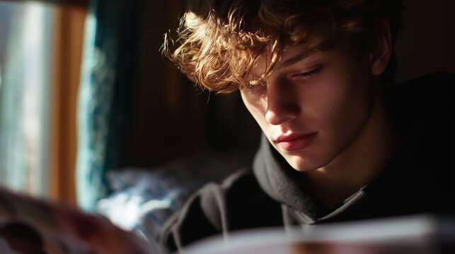 Young man reading quietly by a window in natural light during the afternoon