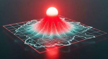 Dynamic 3D topographic rendering glows with a vibrant red and teal gradient, perfect for science, technology, or innovative design projects, visually engaging data display