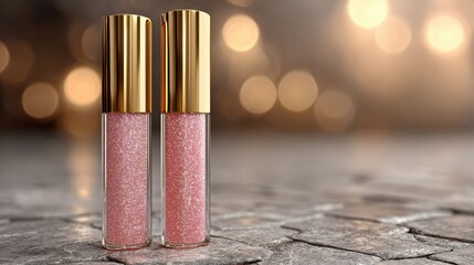 Pink glitter lip gloss with gold cap on textured surface sparkles beautifully