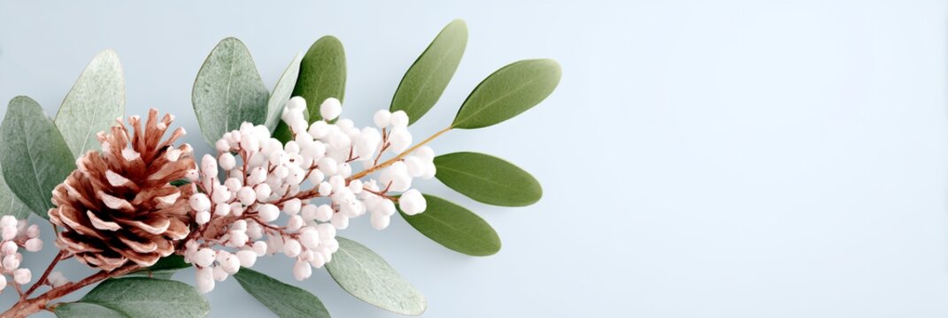 Pine cone is on a branch with white flowers