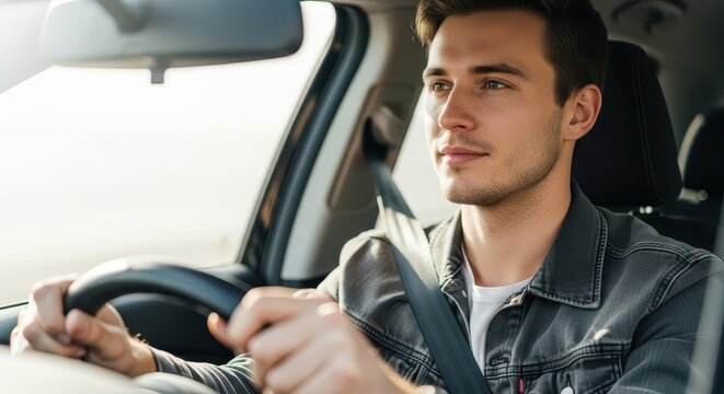 Young man driving a car with a seatbelt on and focused expression  
