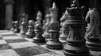 Black and white photo of a chess board with a black and white chess piece