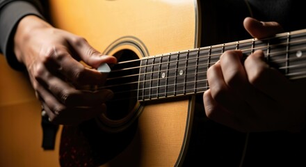Fototapeta premium Close-Up of Male Musician's Hands Playing Acoustic Guitar with Focus on Technique and Expression